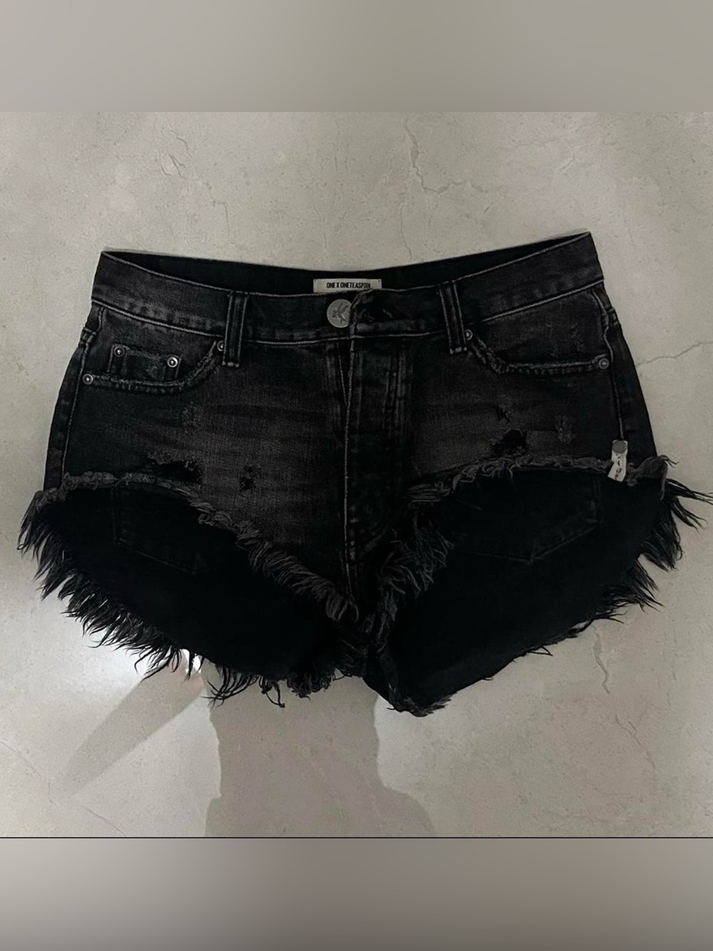 One Teaspoon Black Distressed Frayed Hem Denim Shorts